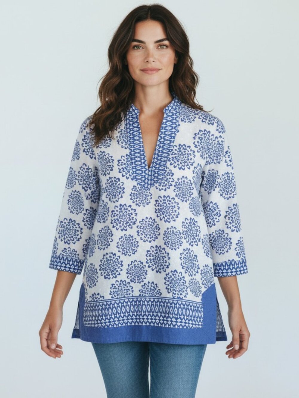Sharagano Blue White Floral Cotton Tunic Blouse S 3/4 Sleeve Coastal Boho Resort